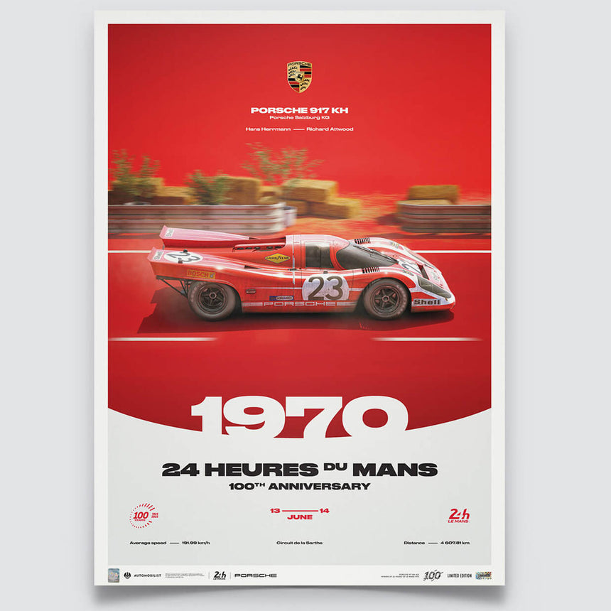 Automobilist Porsche 917 KH 1970 24h Le Mans H Herrmann, R Attwood Print Poster