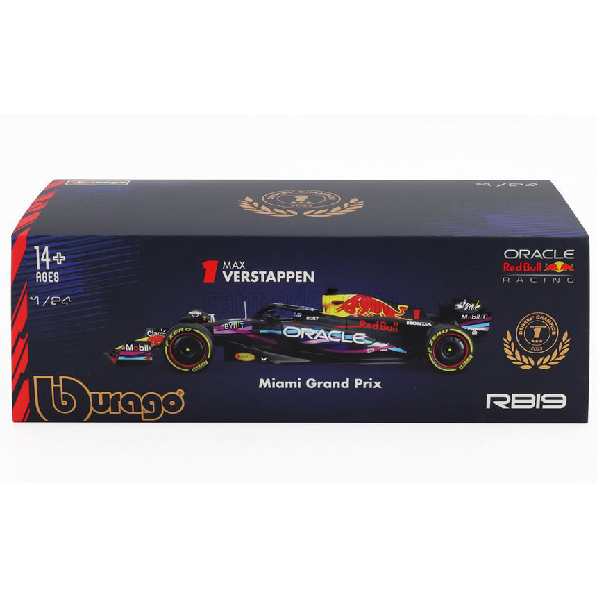 Bburago 1:24 Red Bull F1 RB19 Max Verstappen #1 Miami 2023 Display Case Model