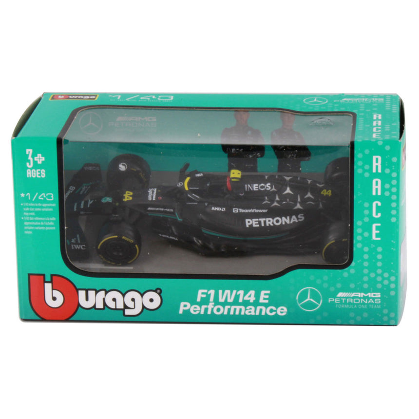 Bburago 1:43 Scale Die‑Cast Mercedes-AMG W14E 2023 F1 Car #44 Lewis Hamilton - Window Box