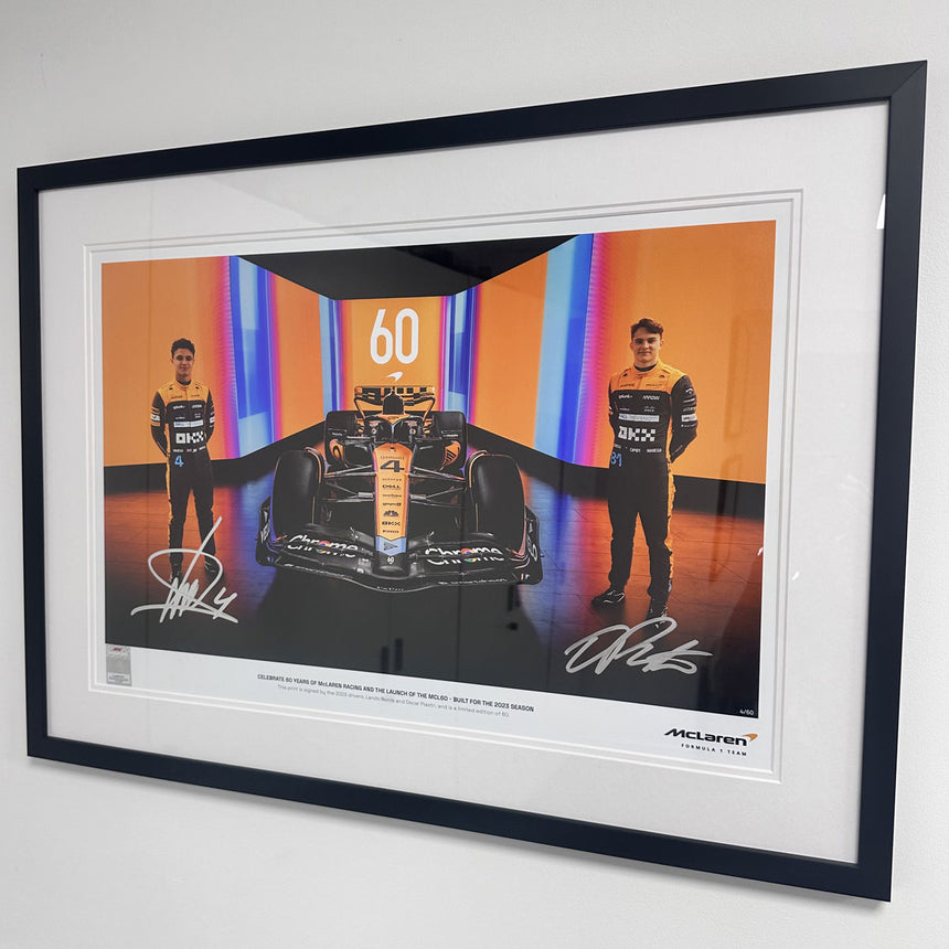 Lando Norris & Oscar Piastri McLaren MCL60 2023 No 4/60 Duel Signed 2023 Print in Display Frame