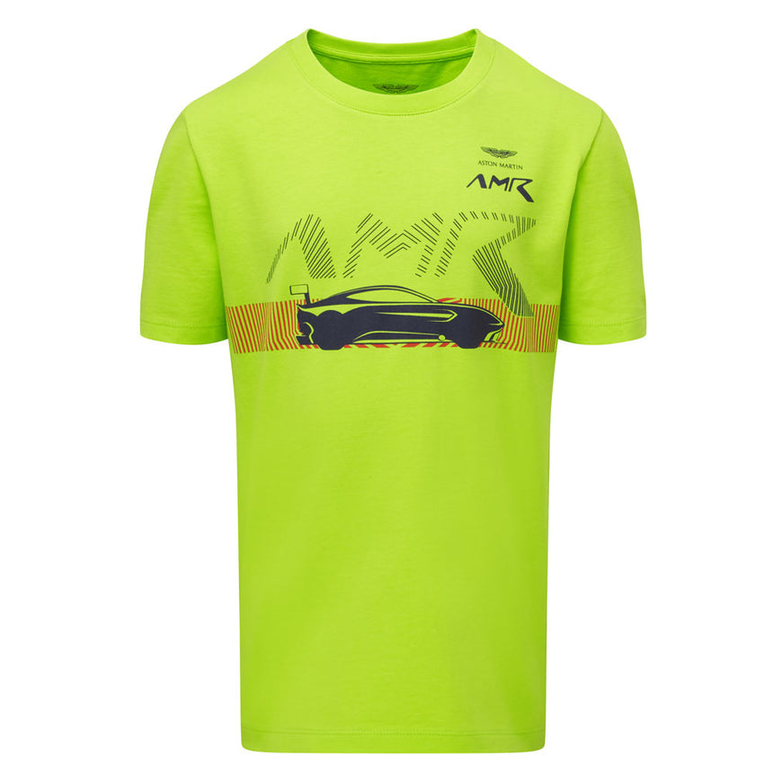 Aston Marting Racing Kids Lime Green Car Graphic Front Print Tee Shirt