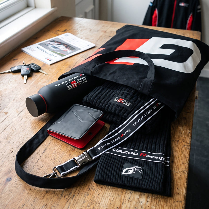 A black tote bag, matching black knit beanie, black wrist strap, and black wallet with red lining, all branded with the GAZOO Racing logo, arranged on a wooden table next to keys and a magazine. A black and red racing jacket is visible hanging in the background.