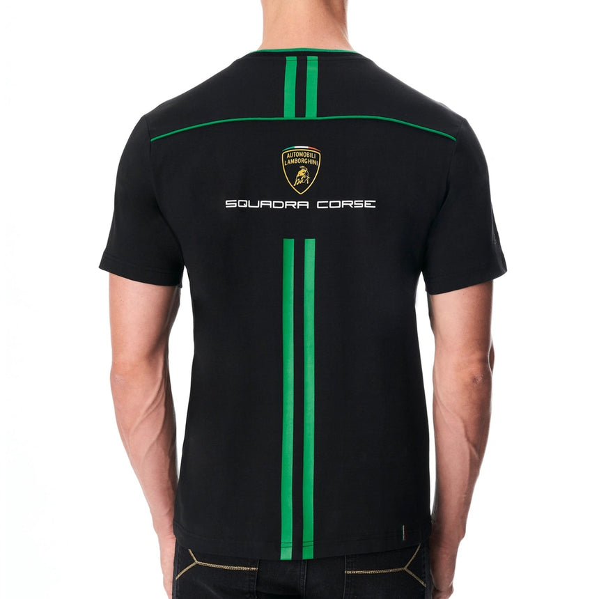 Automobili Lamborghini Squadra Corse Official Team T-Shirt | Black Cotton with Green Stripe