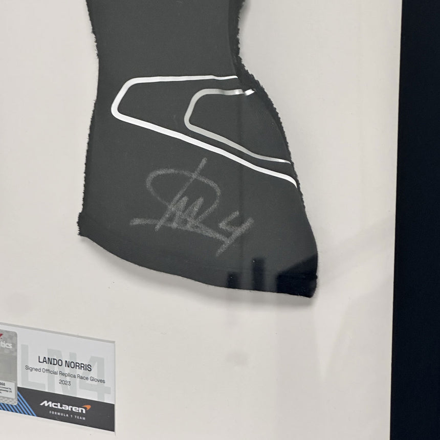 Lando Norris Signed Official McLaren 2023 Gloves In Display Frame