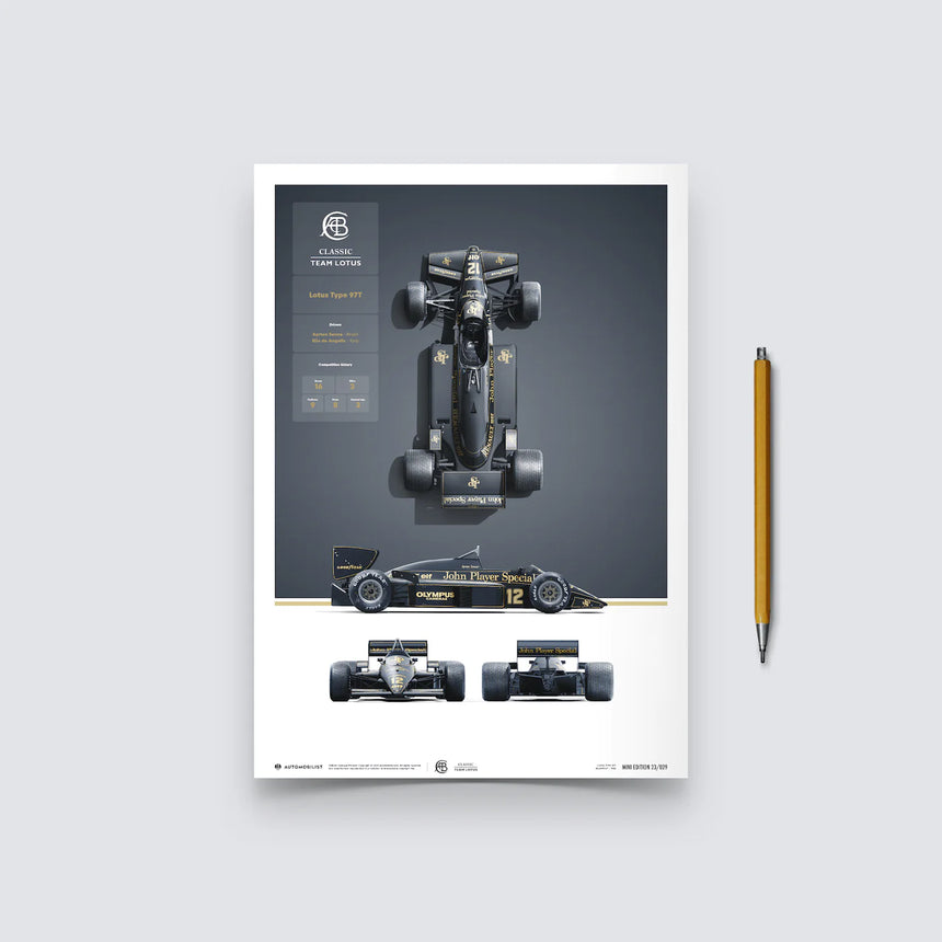 Automobilist Team Lotus Type 97T 1985 Blueprint Ayrton Senna, Angelis Print Poster