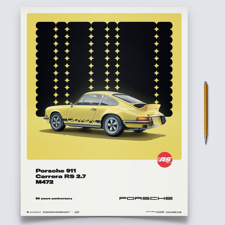 Automobilist Porsche 911 Carrera RS 2.7 1973 Yellow 50th Anniversary Print Poster