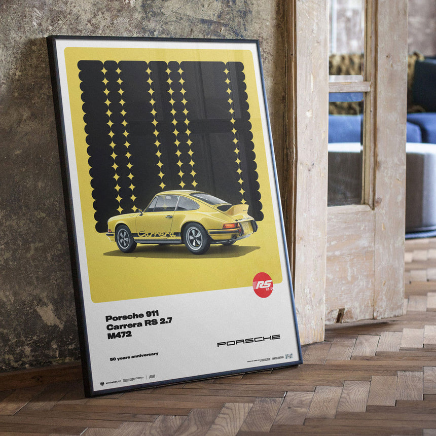 Automobilist Porsche 911 Carrera RS 2.7 1973 Yellow 50th Anniversary Print Poster
