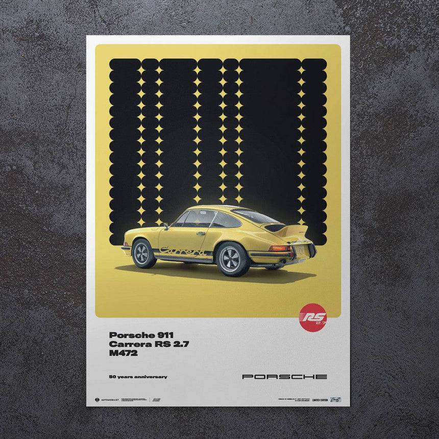 Automobilist Porsche 911 Carrera RS 2.7 1973 Yellow 50th Anniversary Print Poster