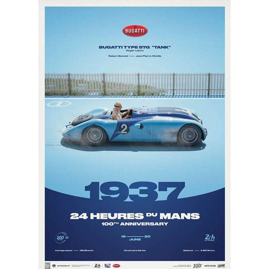 Automobilist 24h Le Mans 100 Years Bugatti Type 57G Tank 1937 Print Poster