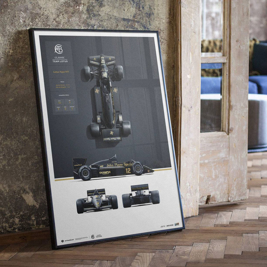 Automobilist Team Lotus Type 97T 1985 Blueprint Ayrton Senna, Angelis Print Poster