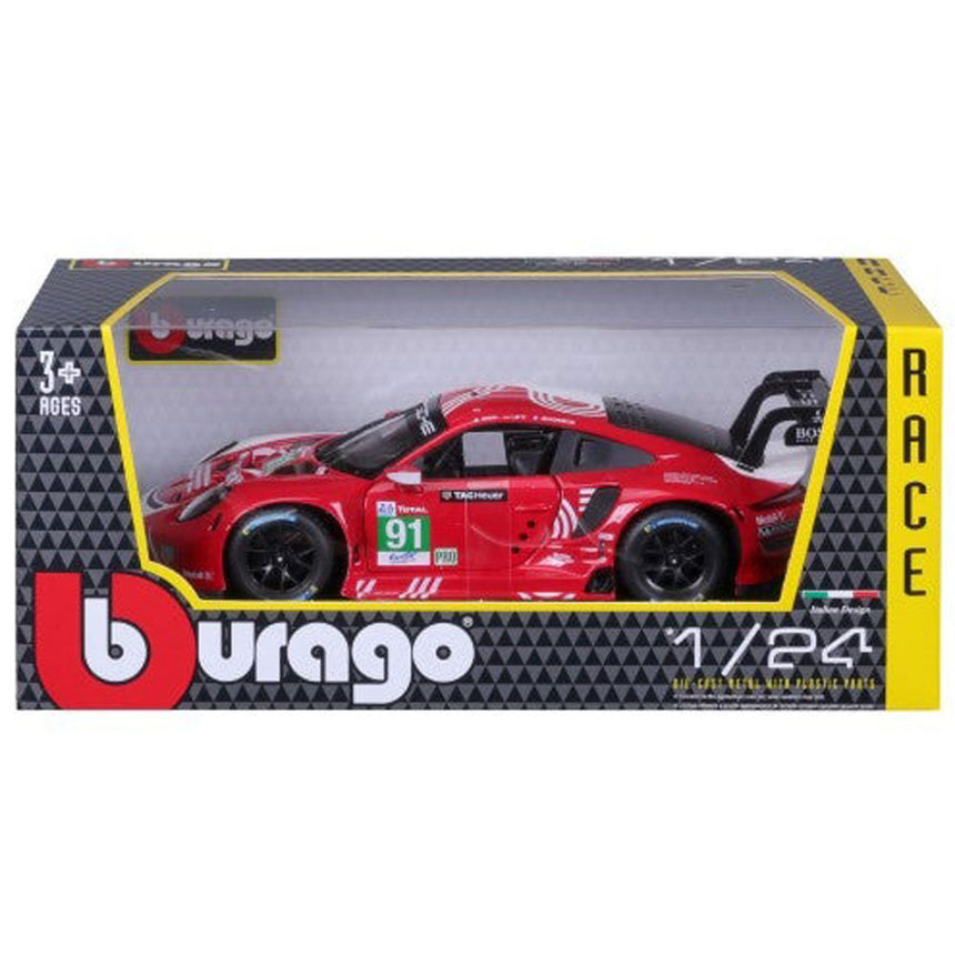Bburago 1/24 Porsche 911 RSR Motorsport Red/White Livery Diecast Model Car
