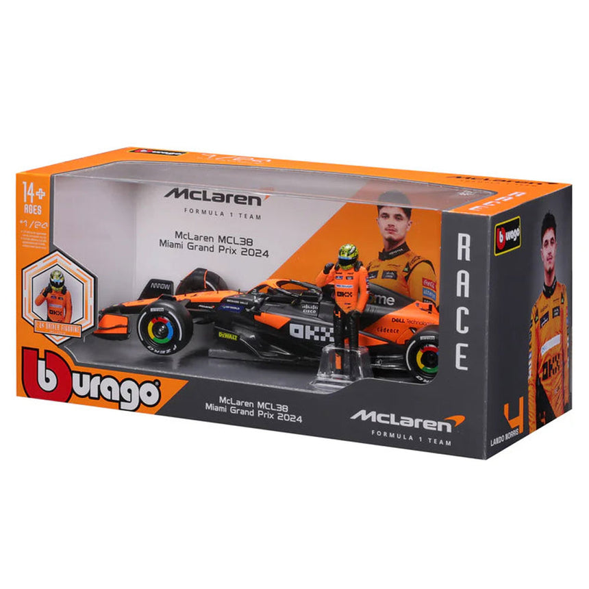 Bburago 1:24 McLaren MCL38 Miami Grand Prix 2024 Lando Norris Model Car With Figure
