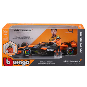 Bburago 1:24 McLaren MCL38 Miami Grand Prix 2024 Lando Norris Model Car With Figure