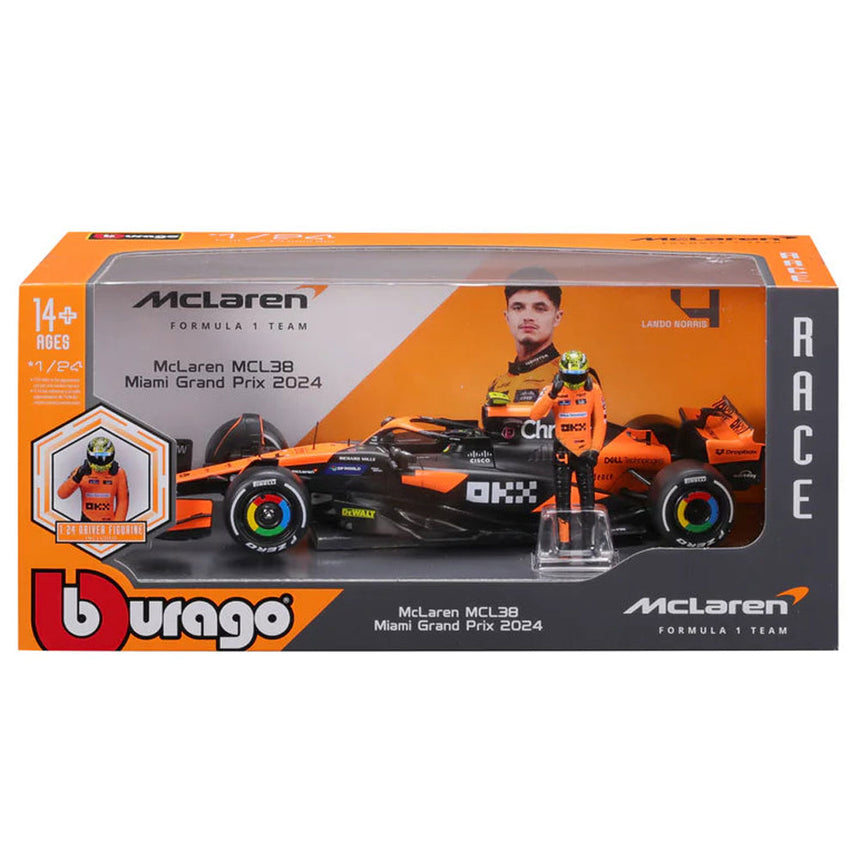 Bburago 1:24 McLaren MCL38 Miami Grand Prix 2024 Lando Norris Model Car With Figure