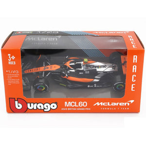 Bburago 1:43 Scale Die‑Cast McLaren MCL60 2023 British GP F1 Car #4 Lando Norris - Window Box