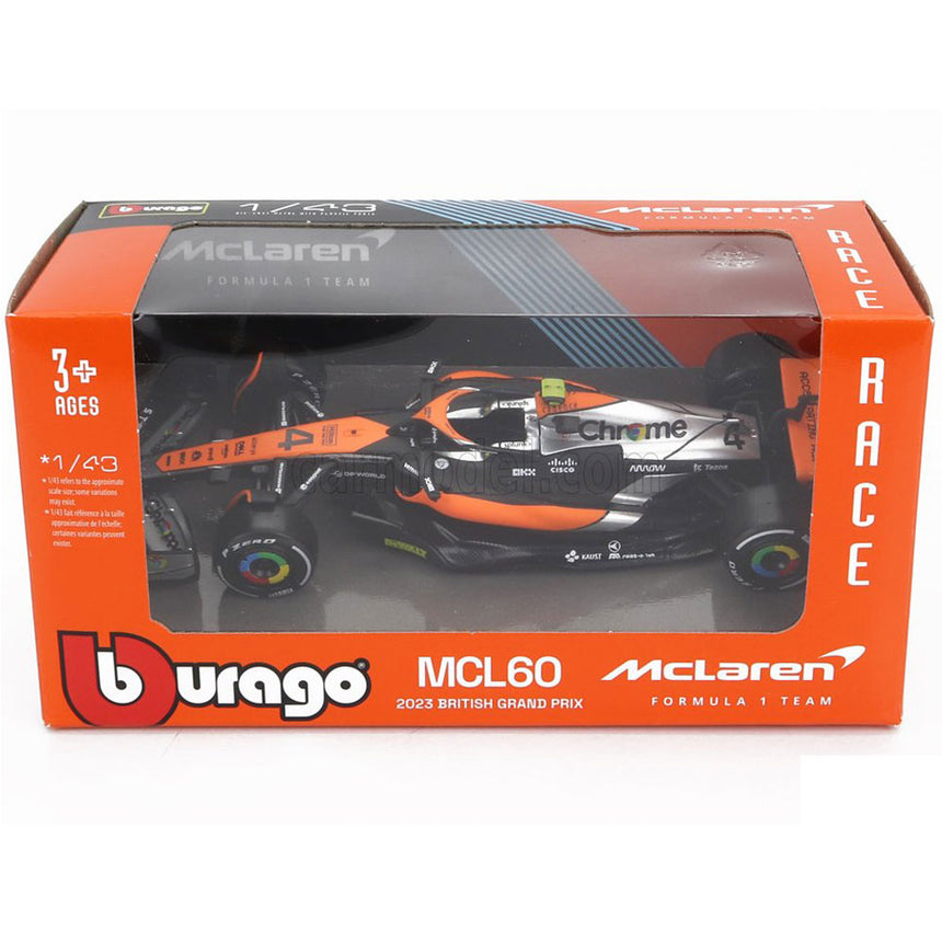 Bburago 1:43 Scale Die‑Cast McLaren MCL60 2023 British GP F1 Car #4 Lando Norris - Window Box