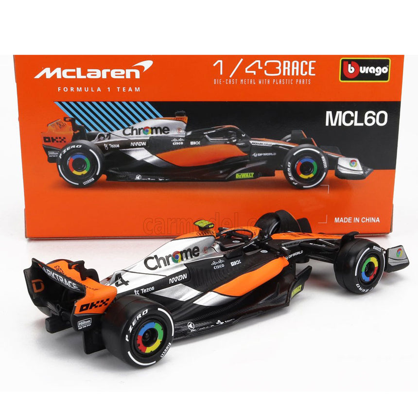 Bburago 1:43 Scale Die‑Cast McLaren MCL60 2023 British GP F1 Car #4 Lando Norris - Window Box