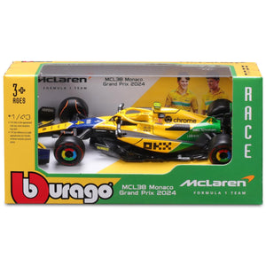 1:43 Burago Mclaren Senna F1 MCL38 Monaco Grand Prix 2024 Diecast Car Model