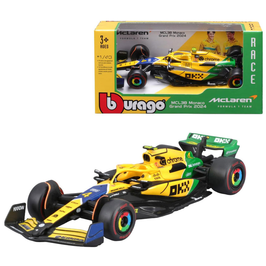 1:43 Burago Mclaren Senna F1 MCL38 Monaco Grand Prix 2024 Diecast Car Model