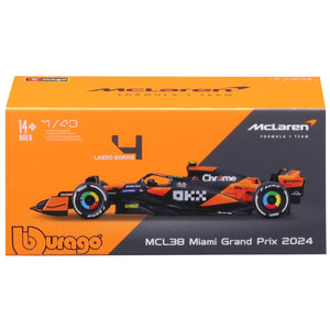 1:43 Burago Mclaren F1 MCL38 Miami Grand Prix 2024 Diecast Car Model