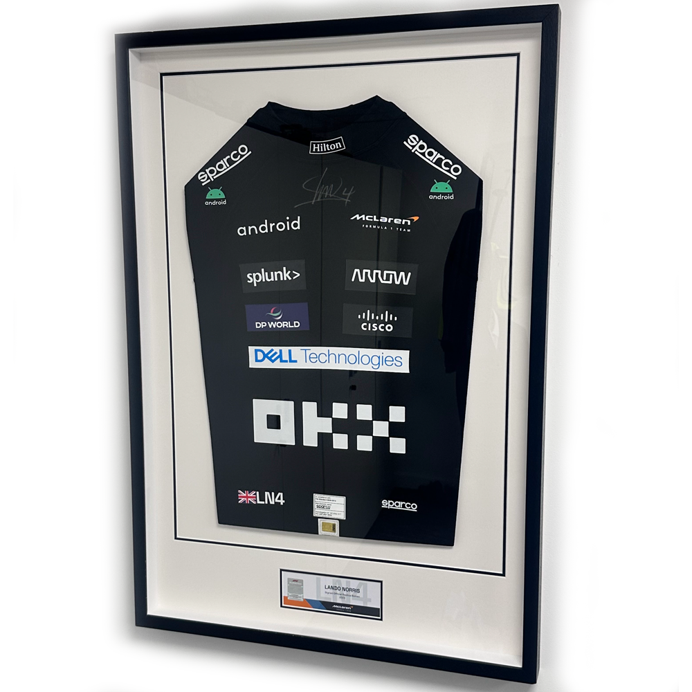 Lando Norris Signed Official McLaren 2023 Nomex In Display Frame Lando Norris Signed Official McLaren 2023 Nomex In Display Frame