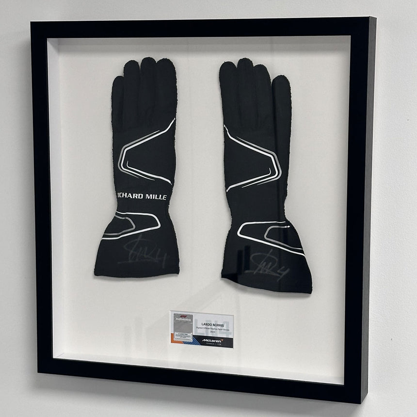 Lando Norris Signed Official McLaren 2023 Replica Gloves In Display Frame