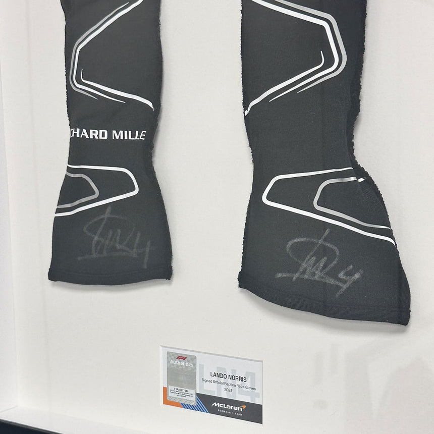 Lando Norris Signed Official McLaren 2023 Replica Gloves In Display Frame