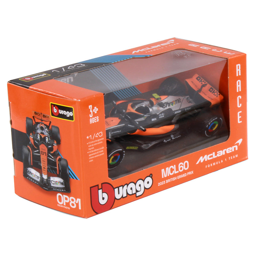 Bburago 1:43 Scale Die‑Cast McLaren MCL60 2023 British GP F1 Car #81 Oscar Piastri - Window Box