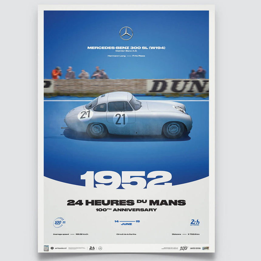 Mercedes-Benz 300 SL W194 1952 100th Anniversary 24h Le Mans Poster Hans Herrmann