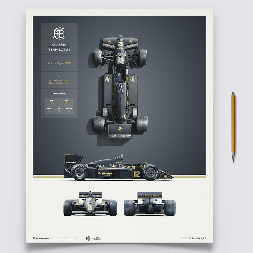 Team Lotus Type 97T 1985 Blueprint Lotus Poster Ayrton Senna, Elio de Angelis