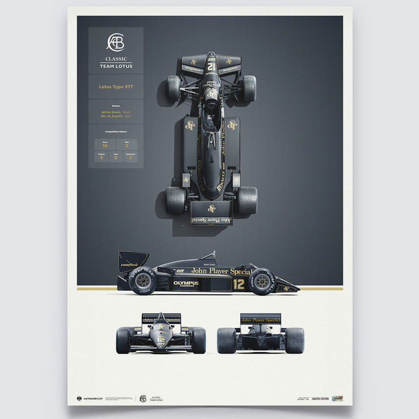 Team Lotus Type 97T 1985 Blueprint Lotus Poster Ayrton Senna, Elio de Angelis