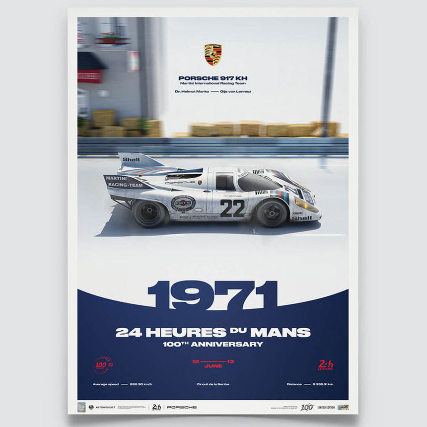 Porsche 917 KH 1971 100th Anniversary 24h Le Mans Poster Gijs van Lennep, Helmut Marko