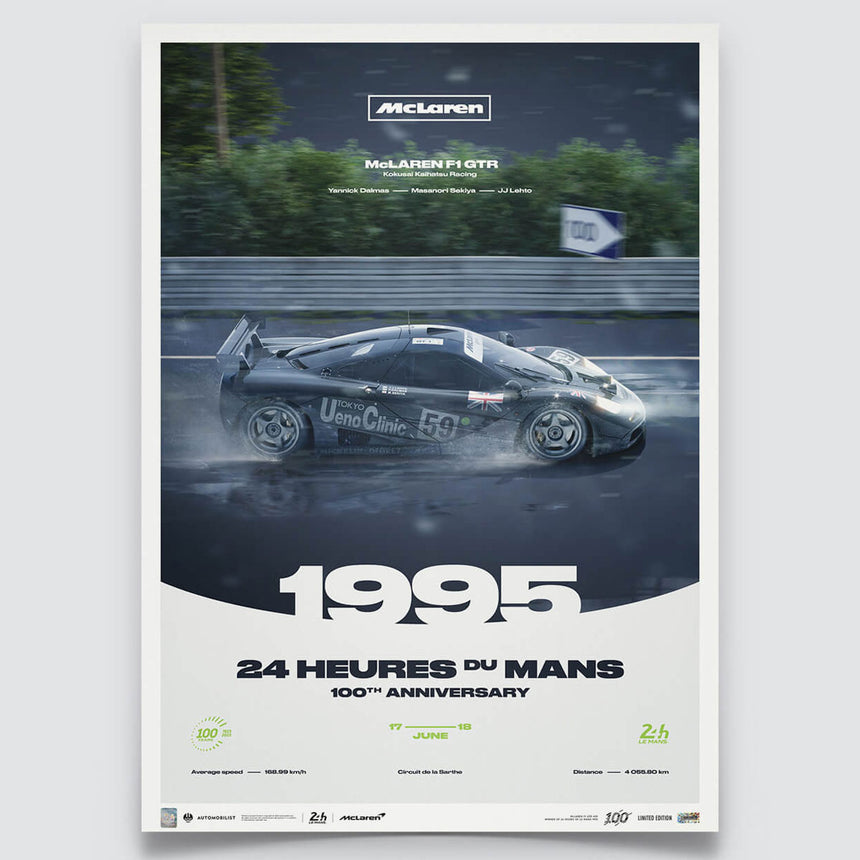 McLaren F1 GTR 1995 100th Anniversary 24h Le Mans Poster J Lehto, Masanori Sekiya, Yannick Dalmas