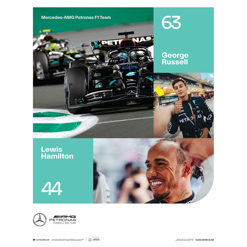 Mercedes AMG Petronas F1 Team George Russell, Lewis Hamilton 2023 Print Poster