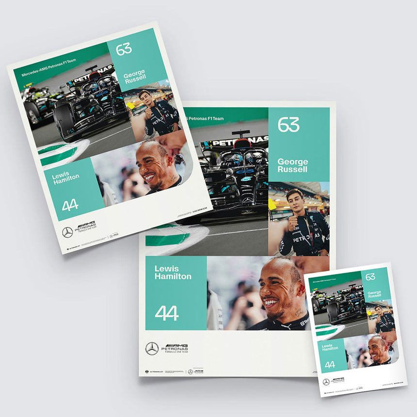 Mercedes AMG Petronas F1 Team George Russell, Lewis Hamilton 2023 Print Poster