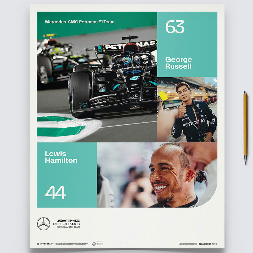 Mercedes AMG Petronas F1 Team George Russell, Lewis Hamilton 2023 Print Poster