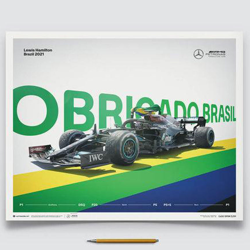 Mercedes AMG Petronas F1 Team Lewis Hamilton Obrigado Brasil 2021 Print Poster