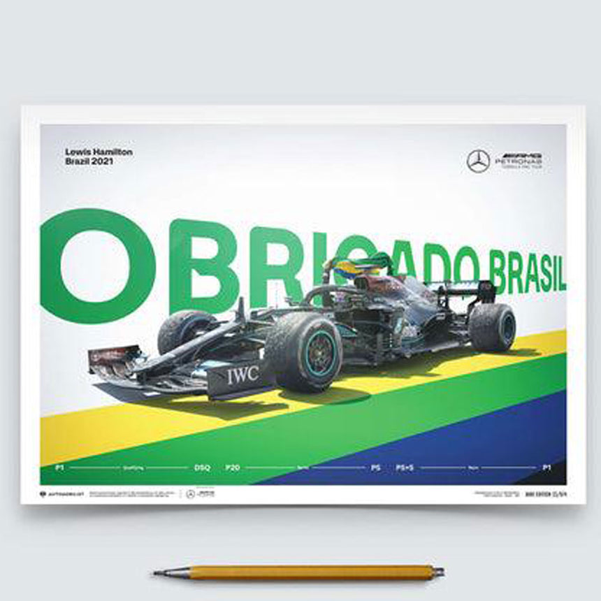 Mercedes AMG Petronas F1 Team Lewis Hamilton Obrigado Brasil 2021 Print Poster
